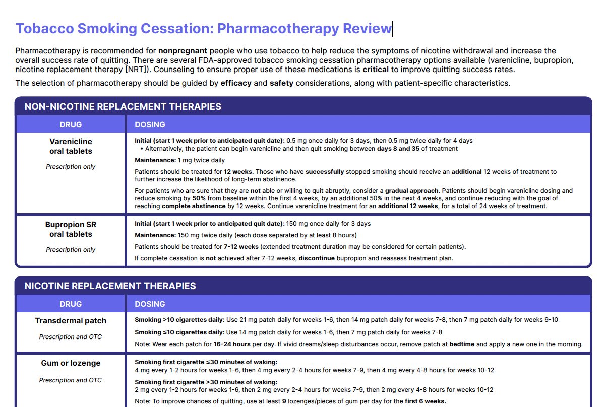 Tobacco Smoking Cessation: Pharmacotherapy Review